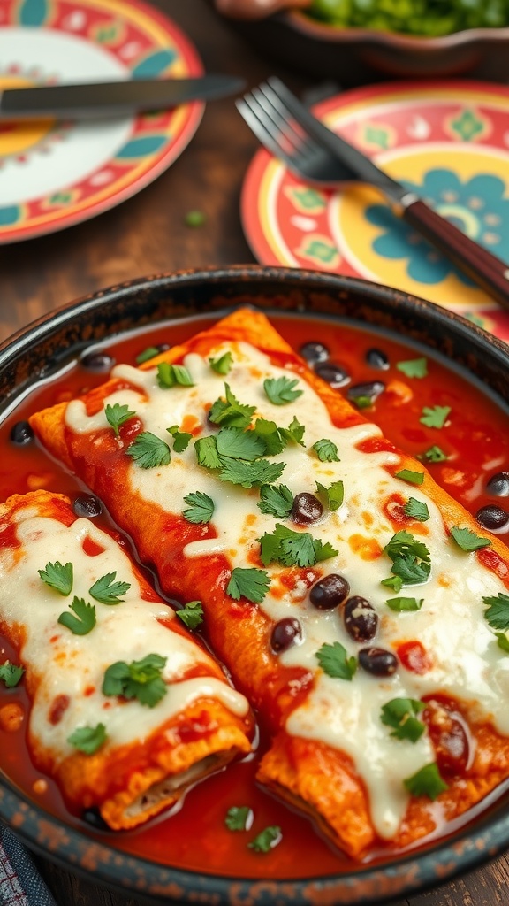 Savory sweet potato and black bean enchiladas topped with cheese and cilantro in a baking dish.
